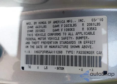2010 Honda Accord 2.4 Ex-L from USA, damaged, VIN 1HGCP2F85AA111268